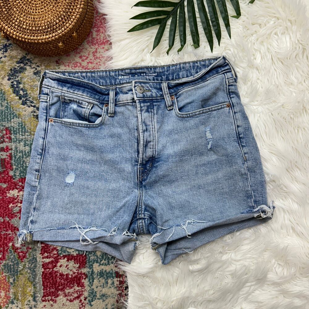 Old Navy High Rise OG Straight Jean Shorts 12 Button Fly Distressed Denim